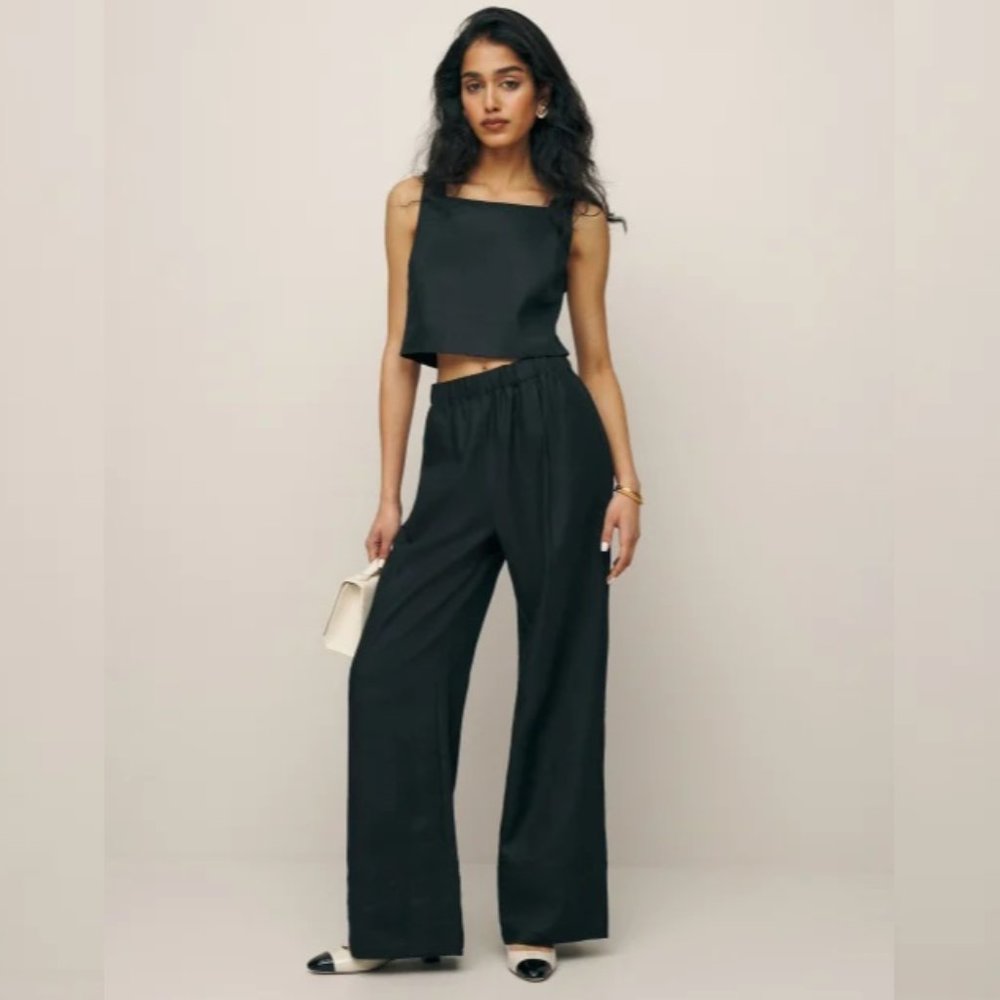Reformation Fernando Linen Pant in Black Mid Rise Wide Leg